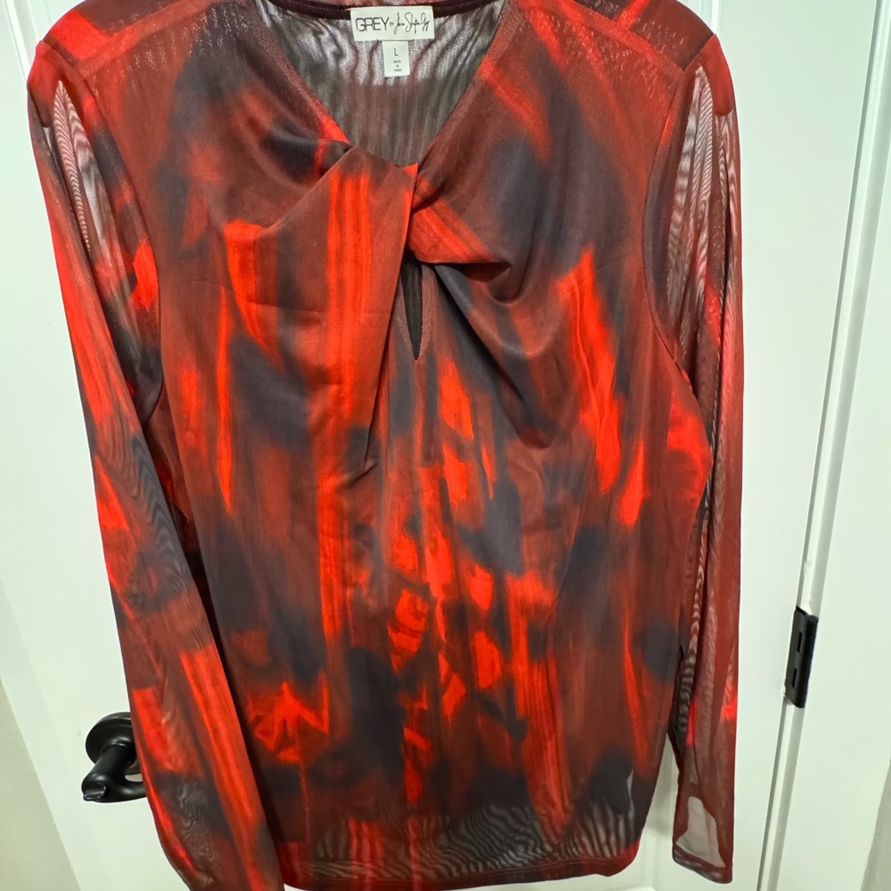 Red and Black Women's Twisted Neck Mesh Top Large